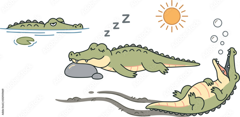 Naklejka premium Cute Cartoon Crocodile Vector Set Featuring Lazy Alligators Sleeping on Rock Swimming in Swamp Sliding on Mud and Sunbathing Graphics