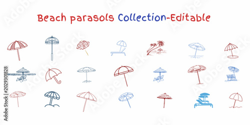 Beach Parasols and Resort Vacation Icon Set – Hand Drawn Sun Umbrella Sketches, Beach Chairs, Palm Trees, and Coastal Summer Travel Vector Elements