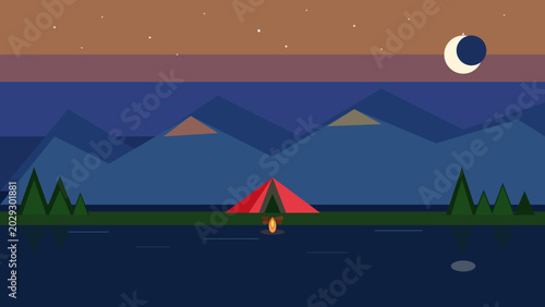 Mountain Sunset Camping Landscape - Flat Vector