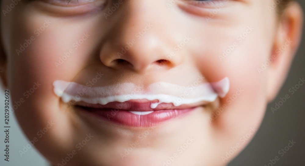 Naklejka premium Cheerful boy with milk mustache and bright smile, enjoying a tasty moment with creamy milk on lips. Happy child displaying joyful reaction after having delicious milk,