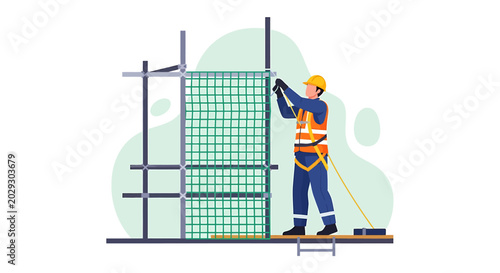 Construction worker assembling scaffolding with safety equipment for building project.