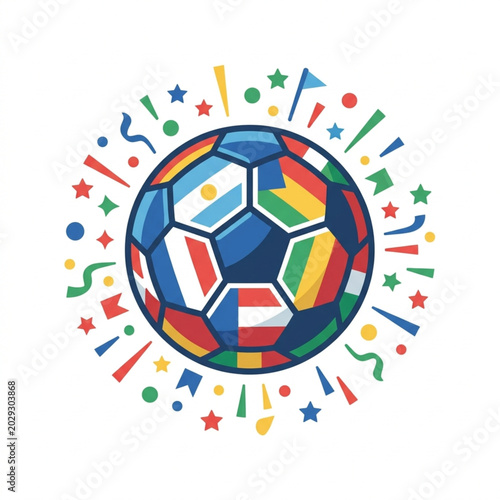 Soccer ball decorated with national flags and confetti.