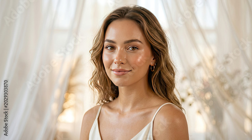 A young woman with wavy brown hair and a white dress smiles softly