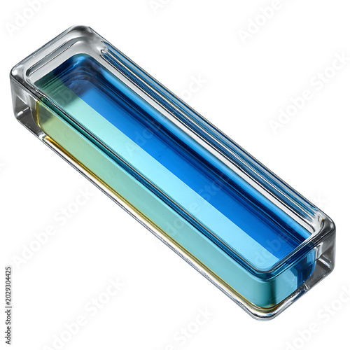Abstract 3D render of a clear glass rectangular container filled with blue and green liquid layers