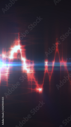 Abstract red glowing waveform with bright lens flares, pulse line, and dark futuristic data visualization mood.