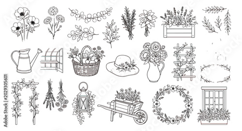 Bild auf Leinwand Hand drawn garden line art icons, rustic floral botanical illustrations set, bla