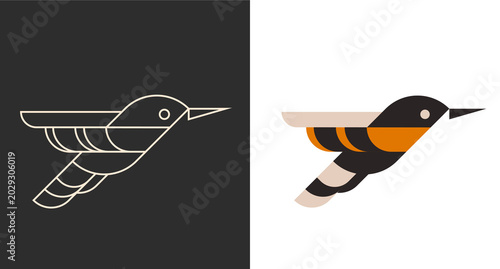 Minimalist geometric vector illustration of bird in flight. Stylized profile view of flying songbird using simple lines, shapes and warm color palette of orange, beige and dark brown.