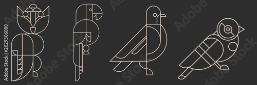 Abstract geometric birds linear vector illustration collection. Thin line art icons horizontal set featuring stylized owl, parrot, pigeon, and finch created from basic geometric shapes and circles.