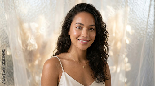 A beautiful young woman with long dark hair and a warm smile standing in front of a sheer curtain