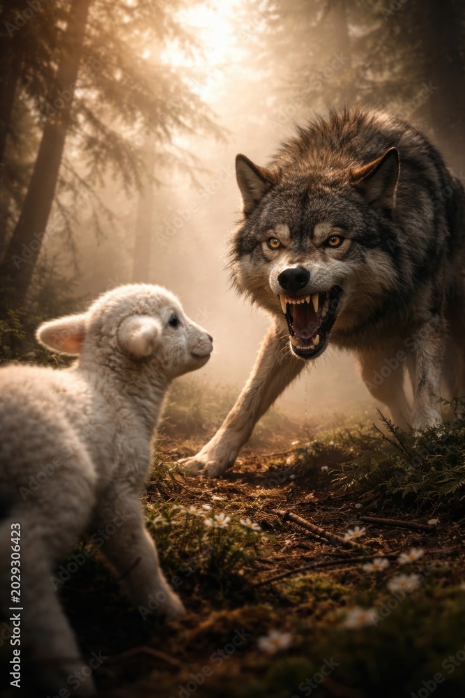 Fototapeta premium Wolf confronts lamb in forest.