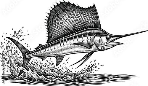 Canvas-taulu Detailed vintage engraving style vector illustration of a sailfish leaping out o