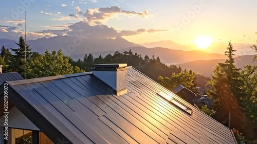 Modern home with metal roof at sunset with beautiful mountain view
