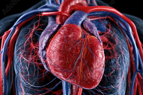 Cardiovascular system showcasing the human heart and intricate network of veins and arteries in a sharp focus shot for medical education marketing