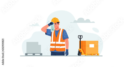 Warehouse Worker Taking a Break from Work, Wiping Sweat, and Resting.