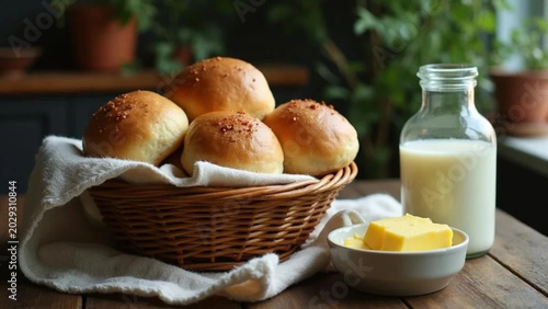 Fresh buns in wicker basket, piece of butter and milk. 