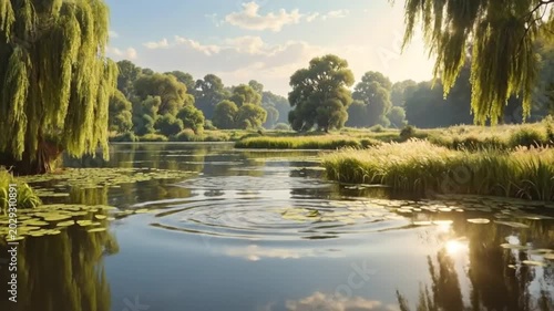 A serene landscape featuring a calm lake surrounded by lush green trees