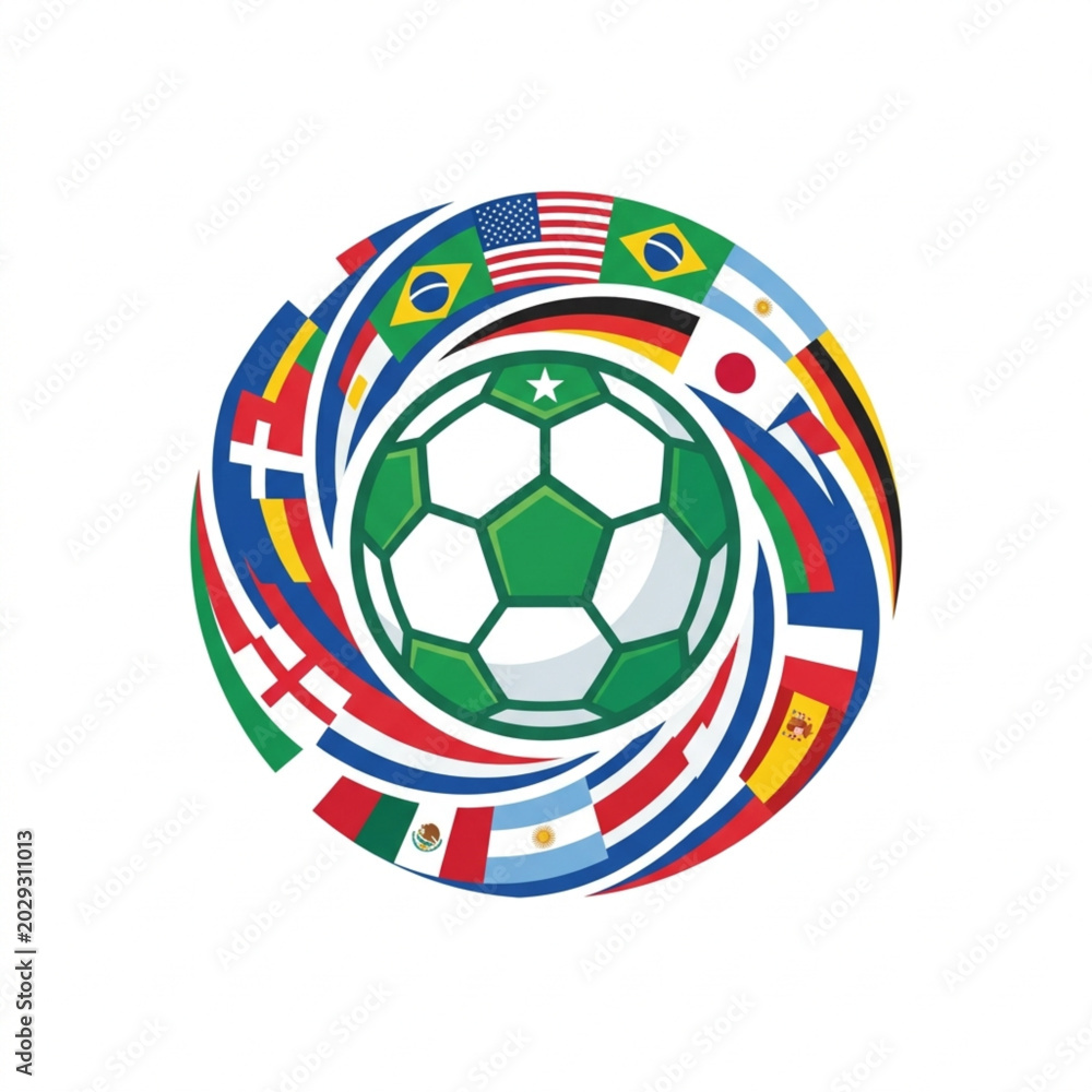 Obraz premium Soccer ball surrounded by international flags in a circular pattern.