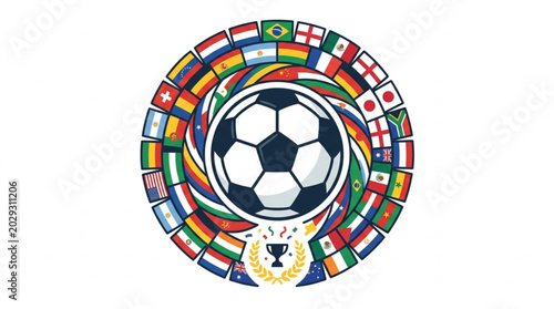 Soccer ball surrounded by flags of many nations and a trophy emblem.