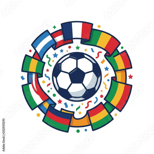 Soccer ball surrounded by international flags and confetti.
