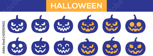 Halloween Pumpkin Face Flat Icon Set. Jack O Lantern, Spooky Smile, Horror Decoration. Editable Vector Illustration Collection