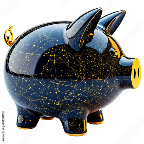 Shiny piggy bank with cosmic design, featuring stars and constellations, symbolizes savings