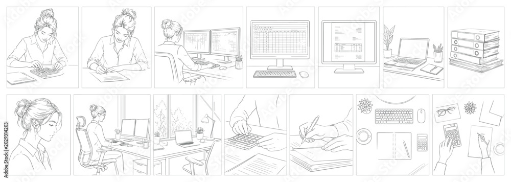 Naklejka premium Young woman working diligently at her desk with various office supplies and technology