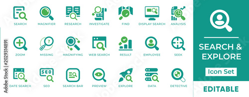Tableau sur toile Search Research Analysis Explore SEO User Data Icon Set - editable vector icons