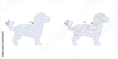 Dog maze design with outlined paths for children