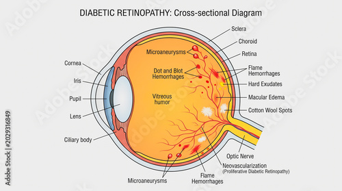 Diagram of diabetic retinopathy affecting the eye