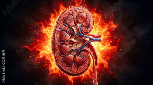 Human kidney on fire, concept of kidney pain or inflammation