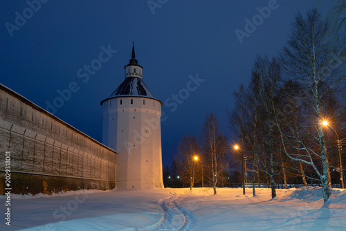Ferapontovskaya (Moskovskaya) tower of the ancient Kirillo-Belozersky monastery in a winter night landscape. Kirillov, Vologda region. Russia