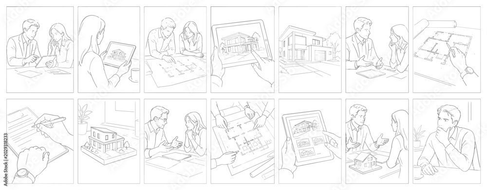 Obraz premium Architects and clients discuss house plans and digital models on tablets