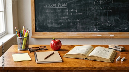 Teacher's desk with books apple lesson plan on chalkboard a chalkboard with 