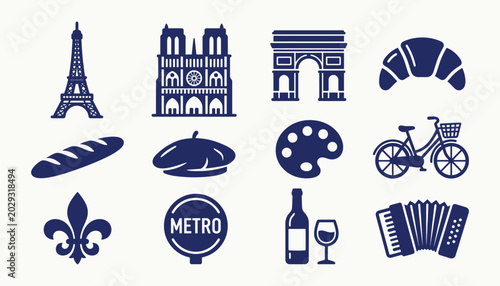 Paris Travel Icon Set featuring French Landmark Silhouettes and Cultural Symbols for Branding