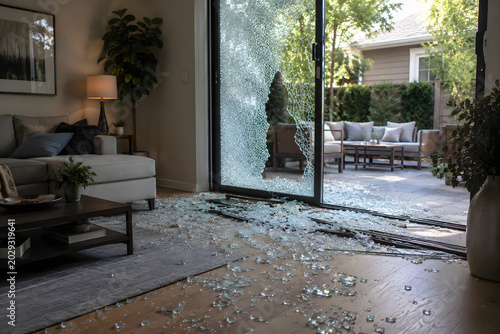 Broken glass window in modern living room interior, shattered sliding door with scattered glass fragments on floor, damaged home entrance opening to outdoor patio garden, property damage, security, bu