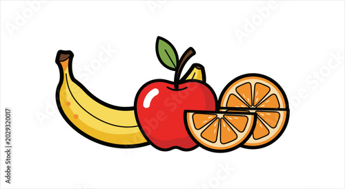 Fotografie A vibrant illustration of a banana, apple, and orange slices.