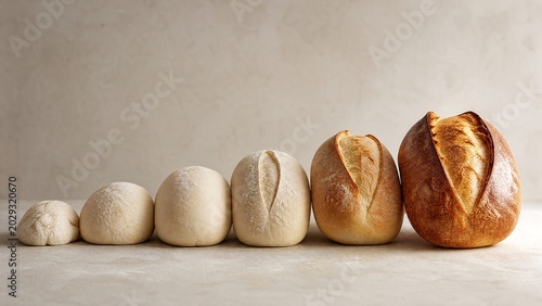 A perfect golden loaf of bread among others in various stages of baking.
