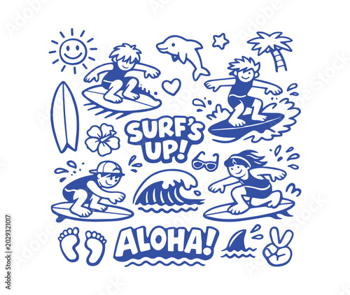 Canvas Print Hand drawn surfing doodle set with cartoon surfers and waves, blue line art summ