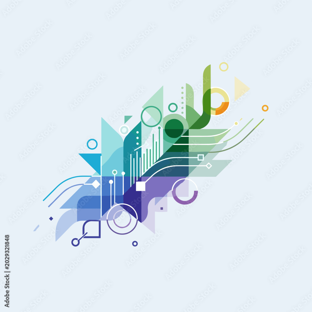 Obraz premium Abstract geometric design with colorful shapes, lines, and digital elements on a light background.