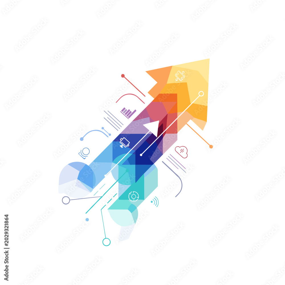 Fototapeta premium Abstract colorful arrow graphic representing growth and technological advancement with data visualizations.