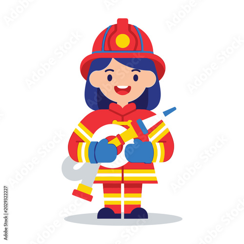 Little girl firefighter in uniform and helmet