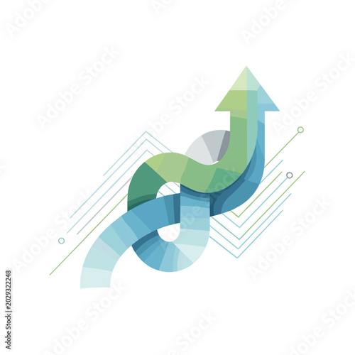 Abstract intertwined blue and green arrows pointing upwards, symbolizing growth, connection, and progress with geometric lines in the background.