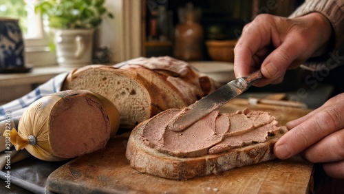 A knife spreading liverwurst onto a slice of bread on a wooden board in a warm kitchen.