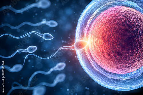 Sperm cell fertilizing human egg, microscopic reproductive biology concept, embryo conception and fertility science, ovum insemination close up, IVF treatment, pregnancy creation, genetic life beginni