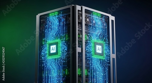 A close up of two server racks displaying artificial intelligence chips and circuit board patterns ai generated