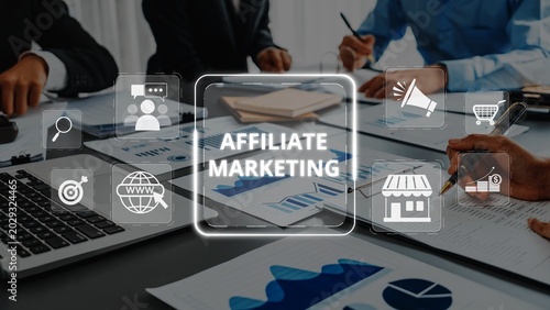 Tableau sur toile A team of professionals engaged in a business meeting focused on affiliate marketing