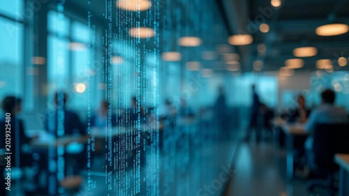 Blue hologram of business graphs in modern office. 