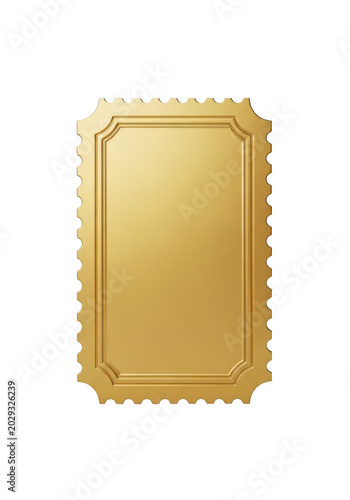 Shiny gold ticket shape with jagged edges and a decorative frame for event entry isolated on transparent background