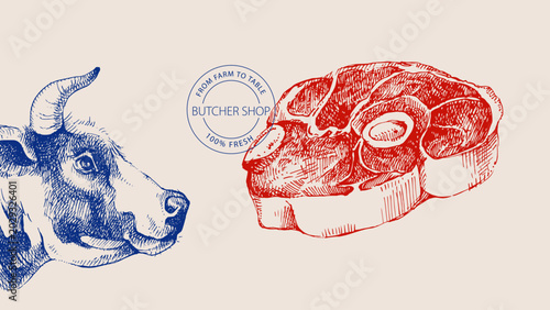 Canvastavla Hand drawn sketch meat butcher shop poster