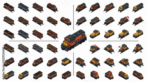 Bild auf Leinwand Collection of Isometric Train Cars and Locomotives.